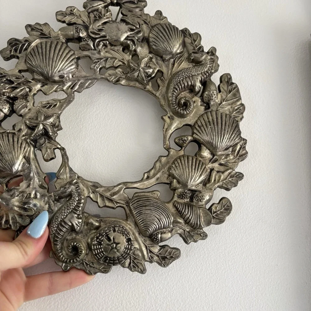 Vtg Godinger Silver-Plate Nautical Ocean Life Seahorse Hanging Wreath Trivet 9